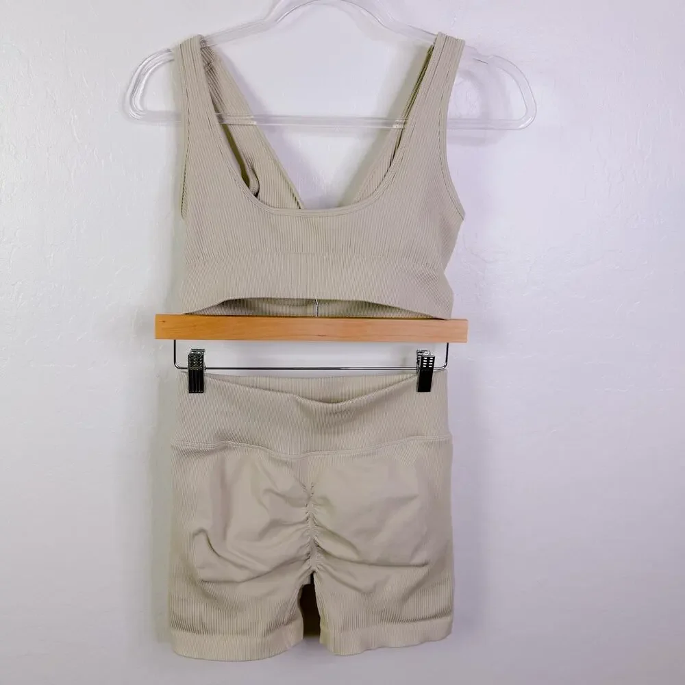 Jojoans Ribbed Sports Bra & Biker Shorts 2 Piece Gym Workout Set Ivory Sz L NWOT